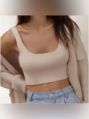 Lichi Beige Rhinestone Ribbed Knit Crop Tank Top Size M NWOT!